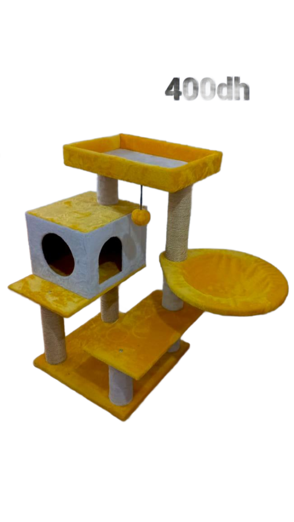Arbre à chat jaune avec tunnel et plateforme