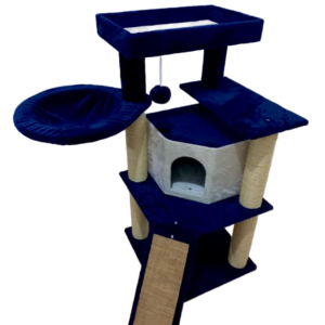 Arbre à chat bleu royal avec plateformes et niche