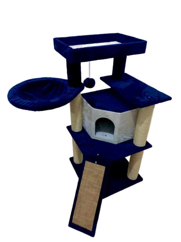 Arbre à chat bleu royal avec plateformes et niche