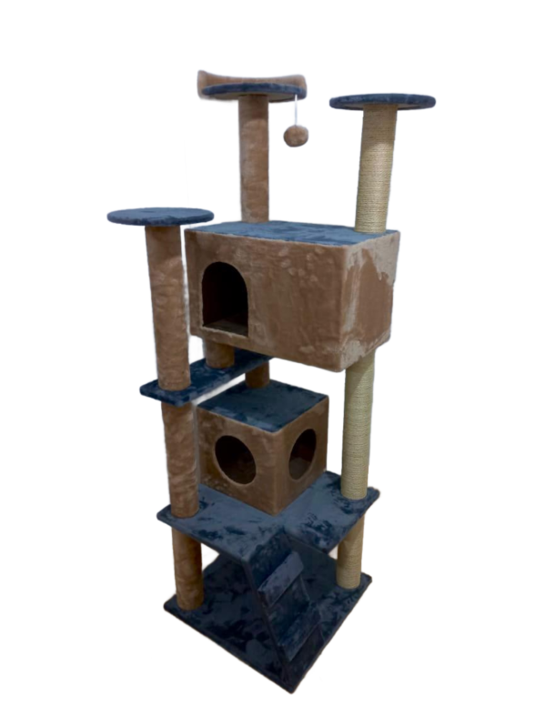 Arbre à chat beige multi-niveaux avec plateformes et niche